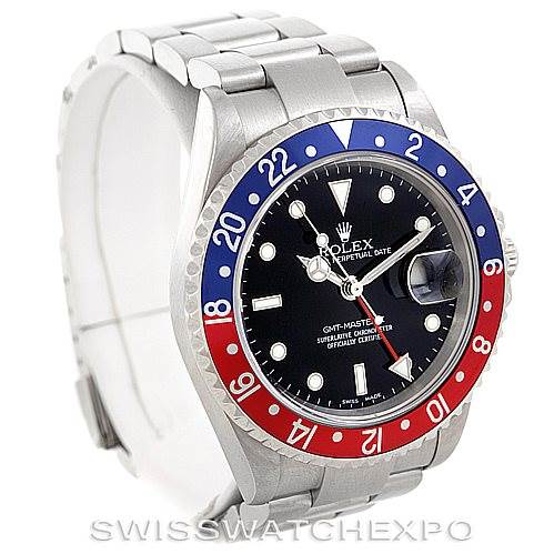 The Rolex GMT-Master 16710 Men's Stainless Steel Black Dial 16710 Men's Stainless Steel Black Dial watch is shown from a 3/4 front angle highlighting the bezel, dial, and bracelet.