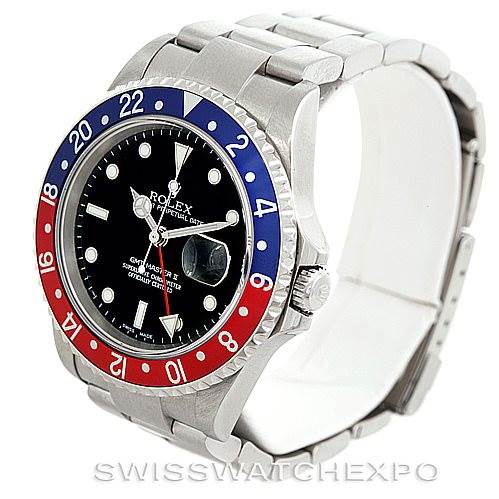 This image shows a side angle of the Rolex GMT-Master 16710 Men's Stainless Steel Black Dial 16710 Men's Stainless Steel Black Dial watch displaying the bezel, dial, and bracelet.