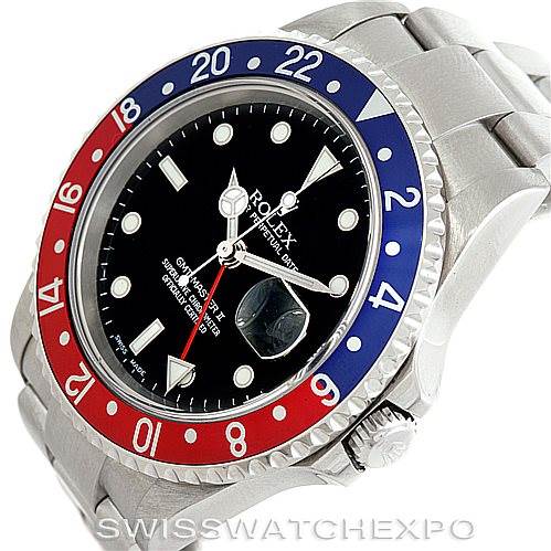 This image shows a Rolex GMT-Master 16710 Men's Stainless Steel Black Dial 16710 Men's Stainless Steel Black Dial watch at an angled view showcasing the bezel, dial, and part of the bracelet.