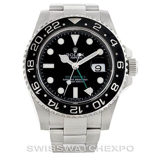 The image shows a front view of a Rolex GMT-Master 116710 Men's Stainless Steel Black Dial 116710 Men's Stainless Steel Black Dial watch, highlighting its bezel, dial, and bracelet.