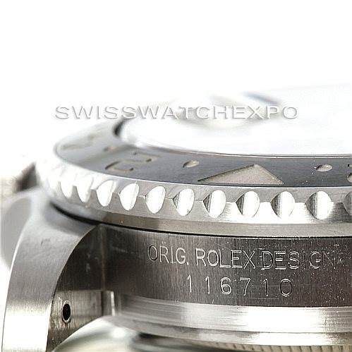 This close-up image of the Rolex GMT-Master 116710 Men's Stainless Steel Black Dial 116710 Men's Stainless Steel Black Dial shows the watch case's side profile, bezel, and engraved reference number 116710.