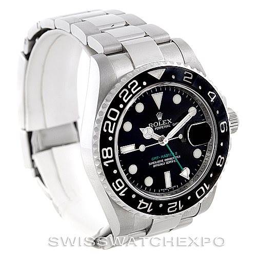 The image shows a front angle view of the Rolex GMT-Master 116710 Men's Stainless Steel Black Dial 116710 Men's Stainless Steel Black Dial watch, displaying its dial, bezel, and part of the bracelet.