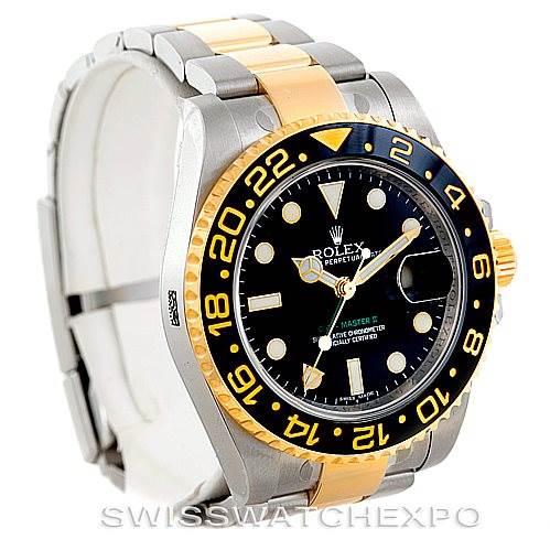 This is a Rolex GMT-Master 116713 Men's Stainless Steel Black Dial 116713 Men's Stainless Steel Black Dial watch, shown at a slight angle from the front-left, displaying the dial, bezel, and partially the band.