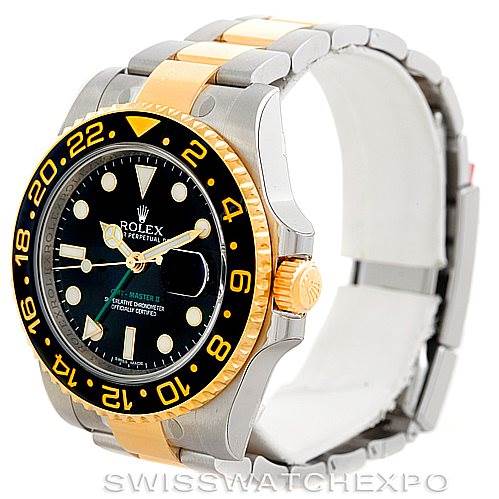 This image shows a side angle of a Rolex GMT-Master 116713 Men's Stainless Steel Black Dial 116713 Men's Stainless Steel Black Dial watch, highlighting its bezel, dial, crown, and bracelet.