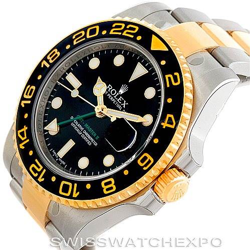 The image shows a Rolex GMT-Master 116713 Men's Stainless Steel Black Dial 116713 Men's Stainless Steel Black Dial watch at an angled view, highlighting the bezel, dial, and bracelet.