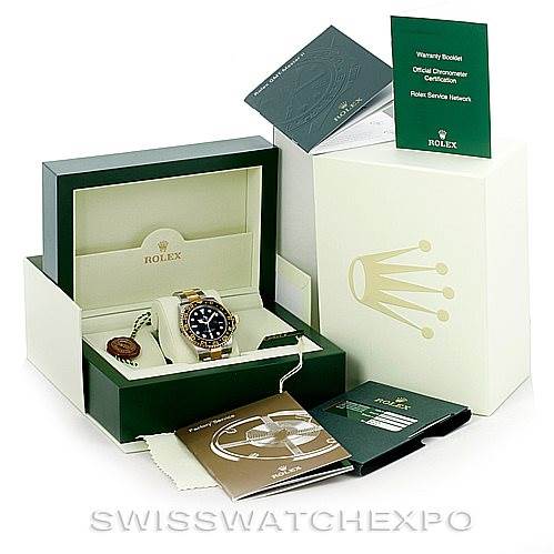 This image shows a Rolex GMT-Master 116713 Men's Stainless Steel Black Dial 116713 Men's Stainless Steel Black Dial watch, its box, warranty booklet, manual, and additional accessories from a front angle.