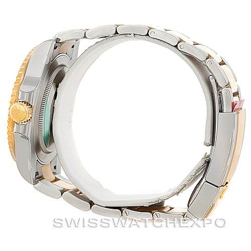 This image shows a side view of the Rolex GMT-Master 116713 Men's Stainless Steel Black Dial 116713 Men's Stainless Steel Black Dial watch, highlighting the case, crown, and bracelet.