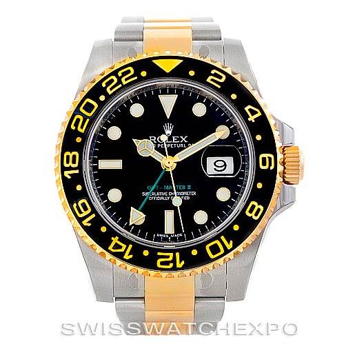 The image shows a front view of a Rolex GMT-Master 116713 Men's Stainless Steel Black Dial 116713 Men's Stainless Steel Black Dial II watch, highlighting its black dial, two-tone case, and date window.