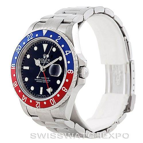 The image shows a Rolex GMT-Master 16710 Men's Stainless Steel Black Dial 16710 Men's Stainless Steel Black Dial watch at a three-quarter angle, highlighting the face, bezel, crown, and part of the bracelet.