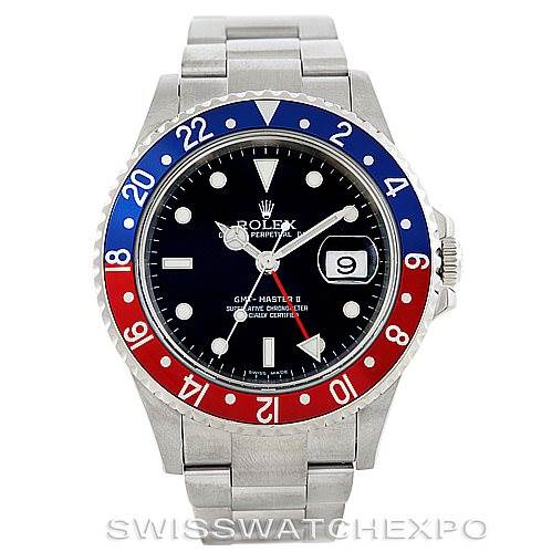 This is a front view of a Rolex GMT-Master 16710 Men's Stainless Steel Black Dial 16710 Men's Stainless Steel Black Dial watch, showing the dial, bezel, bracelet, and crown.