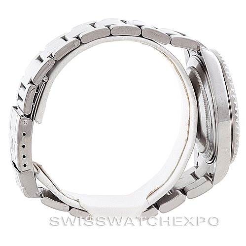 Side angle view of a Rolex GMT-Master 16710 Men's Stainless Steel Black Dial 16710 Men's Stainless Steel Black Dial, showing the bracelet, clasp, and watch case.