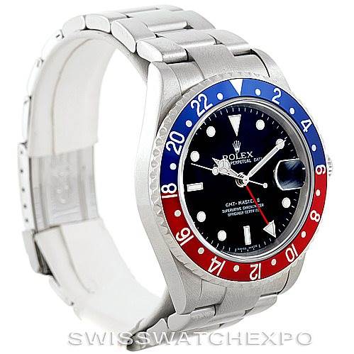 The image shows a Rolex GMT-Master 16710 Men's Stainless Steel Black Dial 16710 Men's Stainless Steel Black Dial watch from an angled side view, highlighting its bezel, dial, and bracelet.