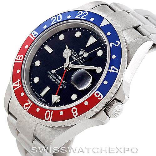 This image shows a Rolex GMT-Master 16710 Men's Stainless Steel Black Dial 16710 Men's Stainless Steel Black Dial watch at an angled close-up, highlighting the bezel, dial, and bracelet.