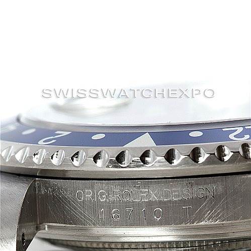 This image shows a close-up of the side view of a Rolex GMT-Master 16710 Men's Stainless Steel Black Dial 16710 Men's Stainless Steel Black Dial, highlighting the bezel and model engraving.