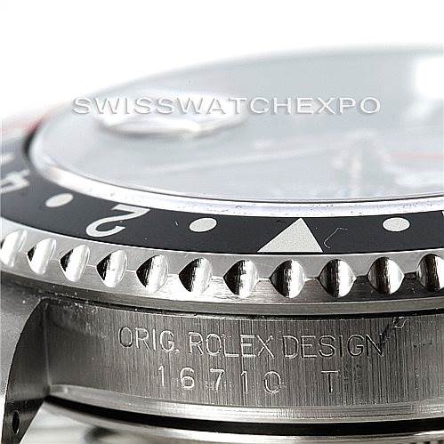 The image shows the side view of a Rolex GMT-Master 16710 Men's Stainless Steel Black Dial 16710 Men's Stainless Steel Black Dial model, highlighting its bezel and engraved casing.