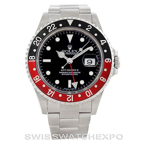 The image shows a front view of a Rolex GMT-Master 16710 Men's Stainless Steel Black Dial 16710 Men's Stainless Steel Black Dial II watch, highlighting its bezel, dial, and bracelet.