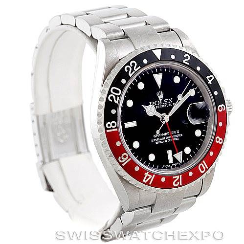 This image shows a Rolex GMT-Master 16710 Men's Stainless Steel Black Dial 16710 Men's Stainless Steel Black Dial watch at a three-quarter angle, highlighting the bezel, dial, and partially open bracelet.