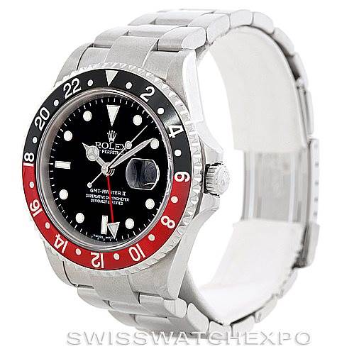 The image shows a Rolex GMT-Master 16710 Men's Stainless Steel Black Dial 16710 Men's Stainless Steel Black Dial watch from a three-quarter view, highlighting its dial, bezel, and bracelet.