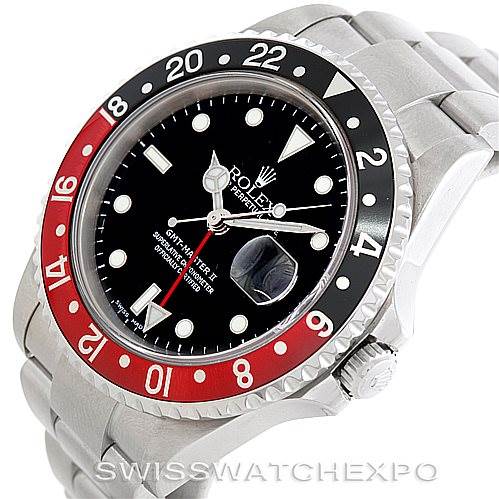 The image shows a Rolex GMT-Master 16710 Men's Stainless Steel Black Dial 16710 Men's Stainless Steel Black Dial watch at an angle highlighting the bezel, dial, case, and part of the bracelet.