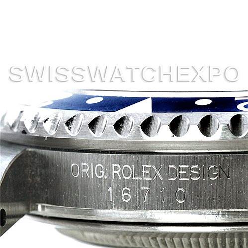 The image shows a close-up of the case side and bezel of a Rolex GMT-Master 16710 Men's Stainless Steel Black Dial 16710 Men's Stainless Steel Black Dial model 16710, highlighting the "Orig. Rolex Design" engraving.
