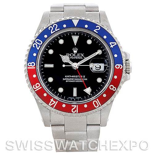 This image shows the front view of a Rolex GMT-Master 16710 Men's Stainless Steel Black Dial 16710 Men's Stainless Steel Black Dial II watch, featuring a black dial, red and blue bezel, and stainless steel bracelet.