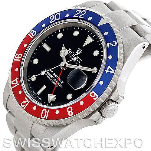 The image shows a Rolex GMT-Master 16710 Men's Stainless Steel Black Dial 16710 Men's Stainless Steel Black Dial watch at a tilted angle, displaying the face, bezel, crown, and part of the bracelet.