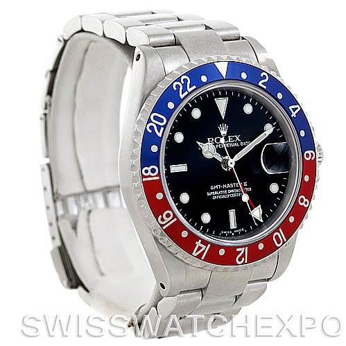 This image shows a Rolex GMT-Master 16710 Men's Stainless Steel Black Dial 16710 Men's Stainless Steel Black Dial watch from a front angle, displaying its dial, bezel, and bracelet.