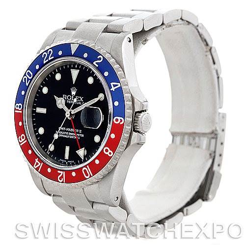 This image shows a Rolex GMT-Master 16710 Men's Stainless Steel Black Dial 16710 Men's Stainless Steel Black Dial watch at an angled side view, displaying the bezel, dial, and bracelet.