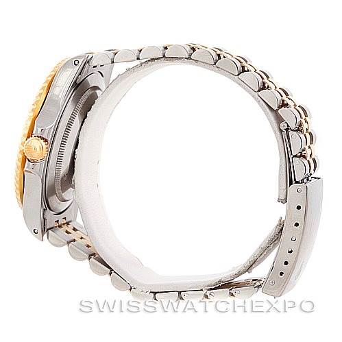 The image shows a side view of a Rolex GMT-Master 16713 Men's Stainless Steel Brown Dial 16713 Men's Stainless Steel Brown Dial watch, highlighting its two-tone bracelet and case.