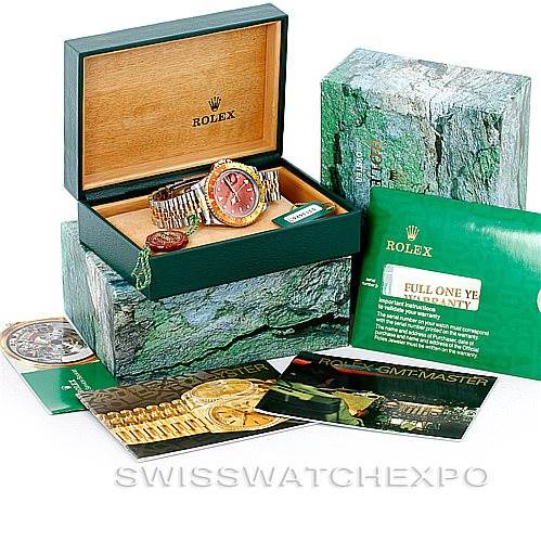 The image shows a Rolex GMT-Master 16713 Men's Stainless Steel Brown Dial 16713 Men's Stainless Steel Brown Dial watch in its open box, along with booklets, documents, and additional packaging.