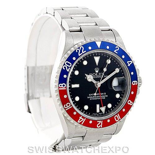 This image shows a Rolex GMT-Master 16710 Men's Stainless Steel Black Dial 16710 Men's Stainless Steel Black Dial watch, angled to display the dial, bezel, and part of the bracelet.