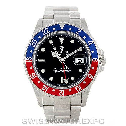 This Rolex GMT-Master 16710 Men's Stainless Steel Black Dial 16710 Men's Stainless Steel Black Dial watch is shown from the front, highlighting the bezel, dial, hour markers, hands, date window, and bracelet.