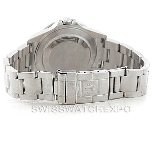 This is a rear view of the Rolex GMT-Master 16710 Men's Stainless Steel Black Dial 16710 Men's Stainless Steel Black Dial watch showcasing its stainless steel bracelet and closed clasp.