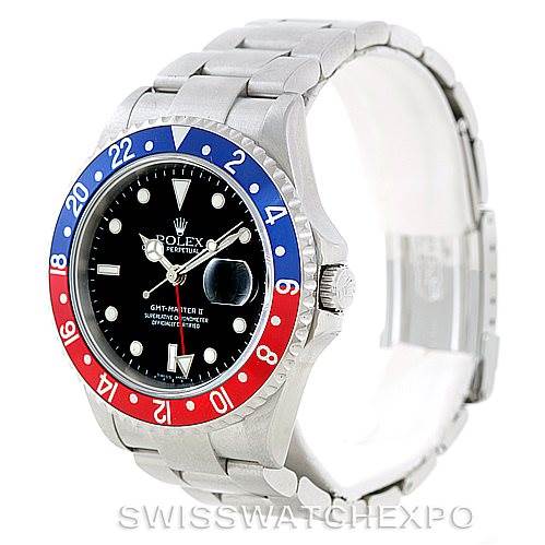 The Rolex GMT-Master 16710 Men's Stainless Steel Black Dial 16710 Men's Stainless Steel Black Dial watch is shown at a front angle, highlighting its blue and red bezel and stainless steel bracelet.