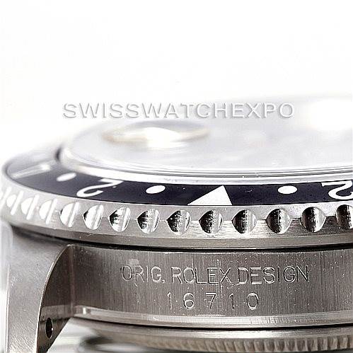The image shows a close-up side view of a Rolex GMT-Master 16710 Men's Stainless Steel Black Dial 16710 Men's Stainless Steel Black Dial watch, highlighting the bezel and the model number 16710.