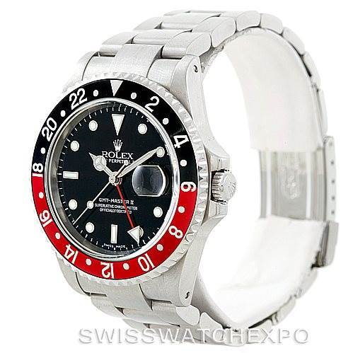 This image shows a Rolex GMT-Master 16710 Men's Stainless Steel Black Dial 16710 Men's Stainless Steel Black Dial II watch at a slight angle, highlighting the face, bezel, and bracelet.