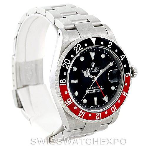This image shows a side and front angle of the Rolex GMT-Master 16710 Men's Stainless Steel Black Dial 16710 Men's Stainless Steel Black Dial II watch, highlighting the black and red bezel and the stainless steel band.