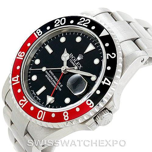 This image shows a Rolex GMT-Master 16710 Men's Stainless Steel Black Dial 16710 Men's Stainless Steel Black Dial watch at a slight angle, highlighting its bezel, dial, crown, and part of the bracelet.