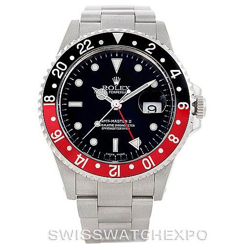 This is a front view of a Rolex GMT-Master 16710 Men's Stainless Steel Black Dial 16710 Men's Stainless Steel Black Dial II watch, showcasing its bezel, dial, hands, and bracelet.