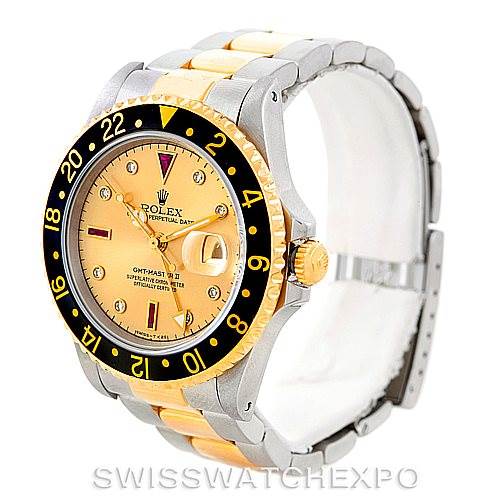 The image shows a side and front view of a Rolex GMT-Master 16713 Men's Stainless Steel Champagne Dial 16713 Men's Stainless Steel Champagne Dial watch, highlighting its bezel, dial, crown, and bracelet.