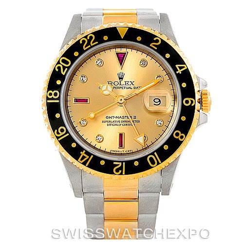 The image shows a front view of the Rolex GMT-Master 16713 Men's Stainless Steel Champagne Dial 16713 Men's Stainless Steel Champagne Dial watch, highlighting its gold dial, bezel, case, and bracelet.