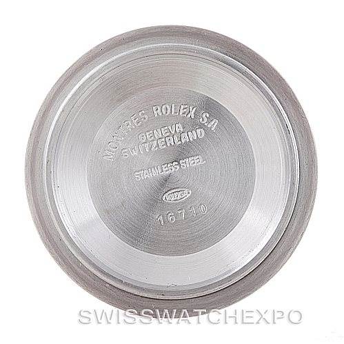 This image shows the interior case back of a Rolex GMT-Master 16713 Men's Stainless Steel Champagne Dial 16713 Men's Stainless Steel Champagne Dial, displaying engravings including "Rolex SA" and "Geneva, Switzerland."