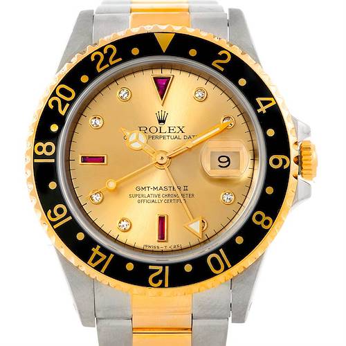 Photo of Rolex GMT II Mens 18k Yellow Gold Steel Watch Serti Dial 16713