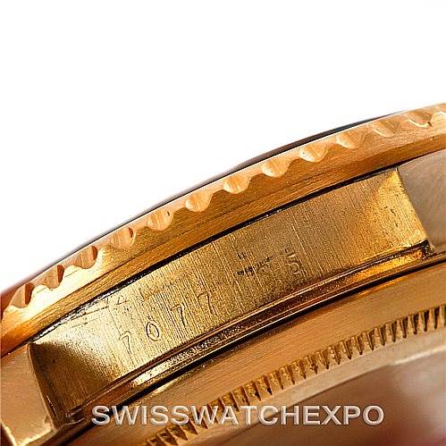 This image shows a close-up of the side profile of a Rolex GMT-Master 16758 Men's Stainless Steel Black Dial 16758 Men's Stainless Steel Black Dial, highlighting the watch's serial number engraving and bezel.