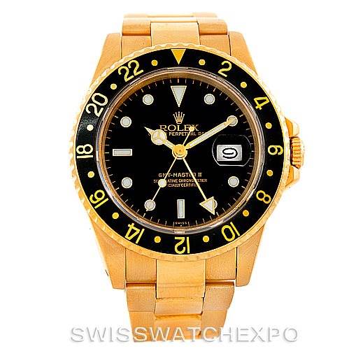 This image shows the front view of a Rolex GMT-Master 16758 Men's Stainless Steel Black Dial 16758 Men's Stainless Steel Black Dial II watch, highlighting the dial, bezel, bracelet, and crown.