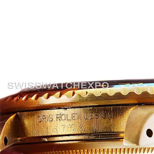 This close-up image of the Rolex GMT-Master 16758 Men's Stainless Steel Black Dial 16758 Men's Stainless Steel Black Dial watch shows the side of the case with engraving and part of the bezel.