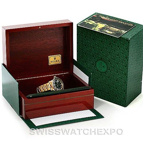 The image shows a Rolex GMT-Master 16758 Men's Stainless Steel Black Dial 16758 Men's Stainless Steel Black Dial watch in an open wooden case with an outer green box and booklet.