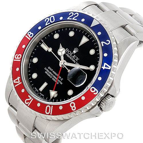 The image shows a front angle of a Rolex GMT-Master 16710 Men's Stainless Steel Black Dial 16710 Men's Stainless Steel Black Dial watch, highlighting its bezel, dial, and bracelet.