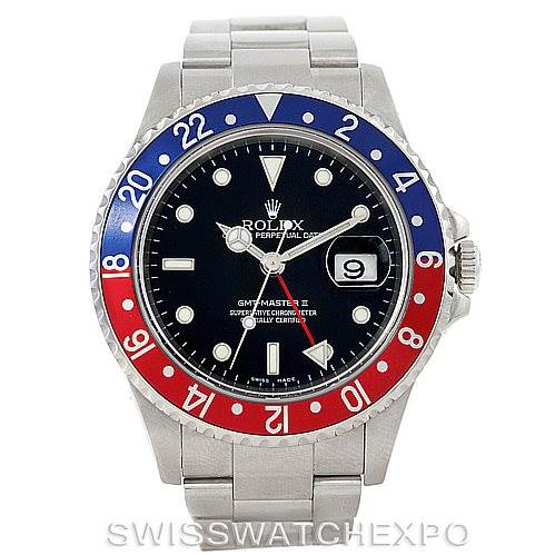 This image shows a front view of a Rolex GMT-Master 16710 Men's Stainless Steel Black Dial 16710 Men's Stainless Steel Black Dial watch, highlighting the dial, hands, bezel, bracelet, and date magnifier.