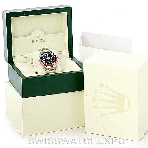 The image shows a Rolex GMT-Master 16710 Men's Stainless Steel Black Dial 16710 Men's Stainless Steel Black Dial watch inside its open box, with the outer box and sleeve also present.